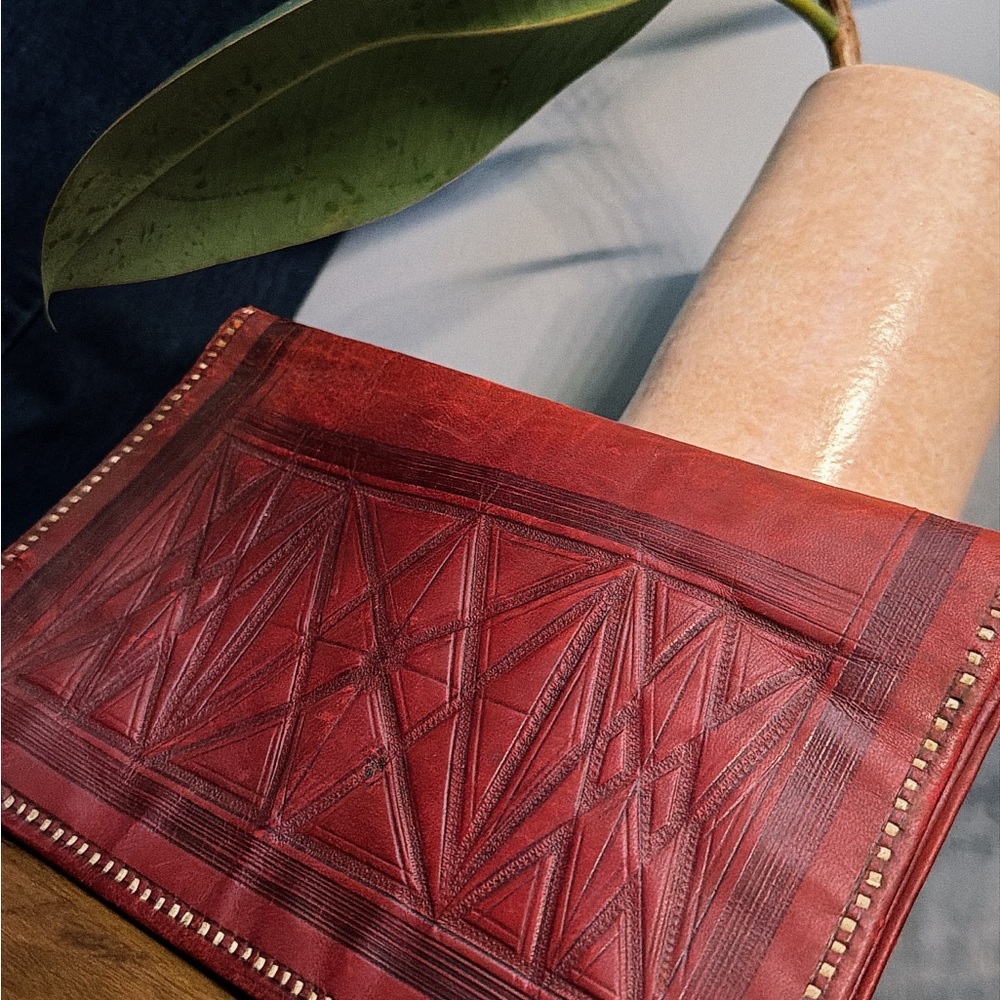 Artisan Made Hand-Tooled Leather Clutch | Geometric Design | Oxblood Red